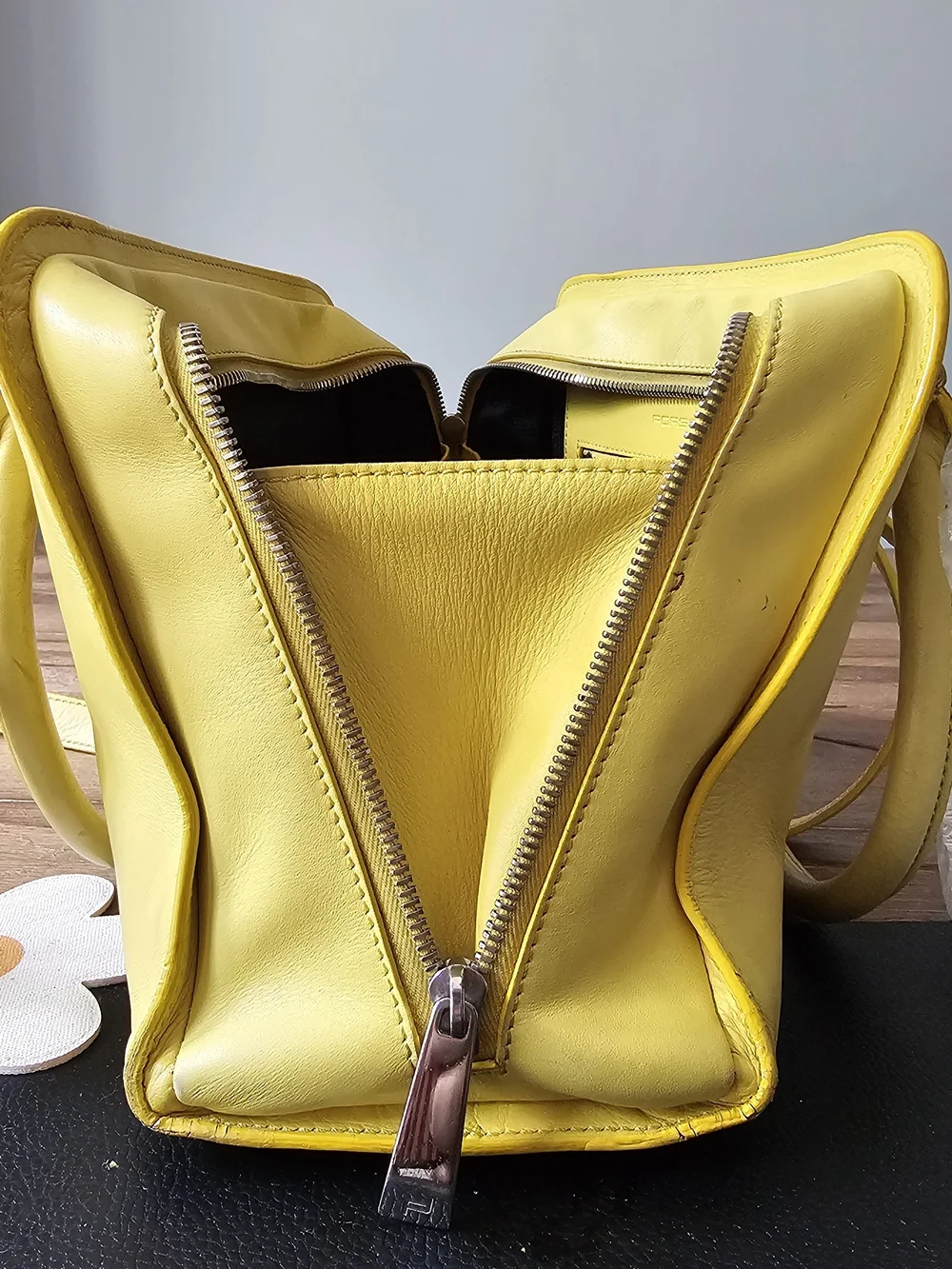 Porsche Design Yellow Leather Twin Satchel Shoulder Bag Italy Handbag Purse